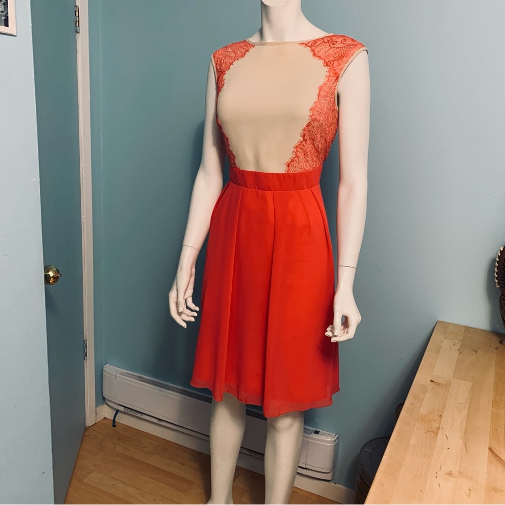 Coral and Cream Lace Detail Midi Dress